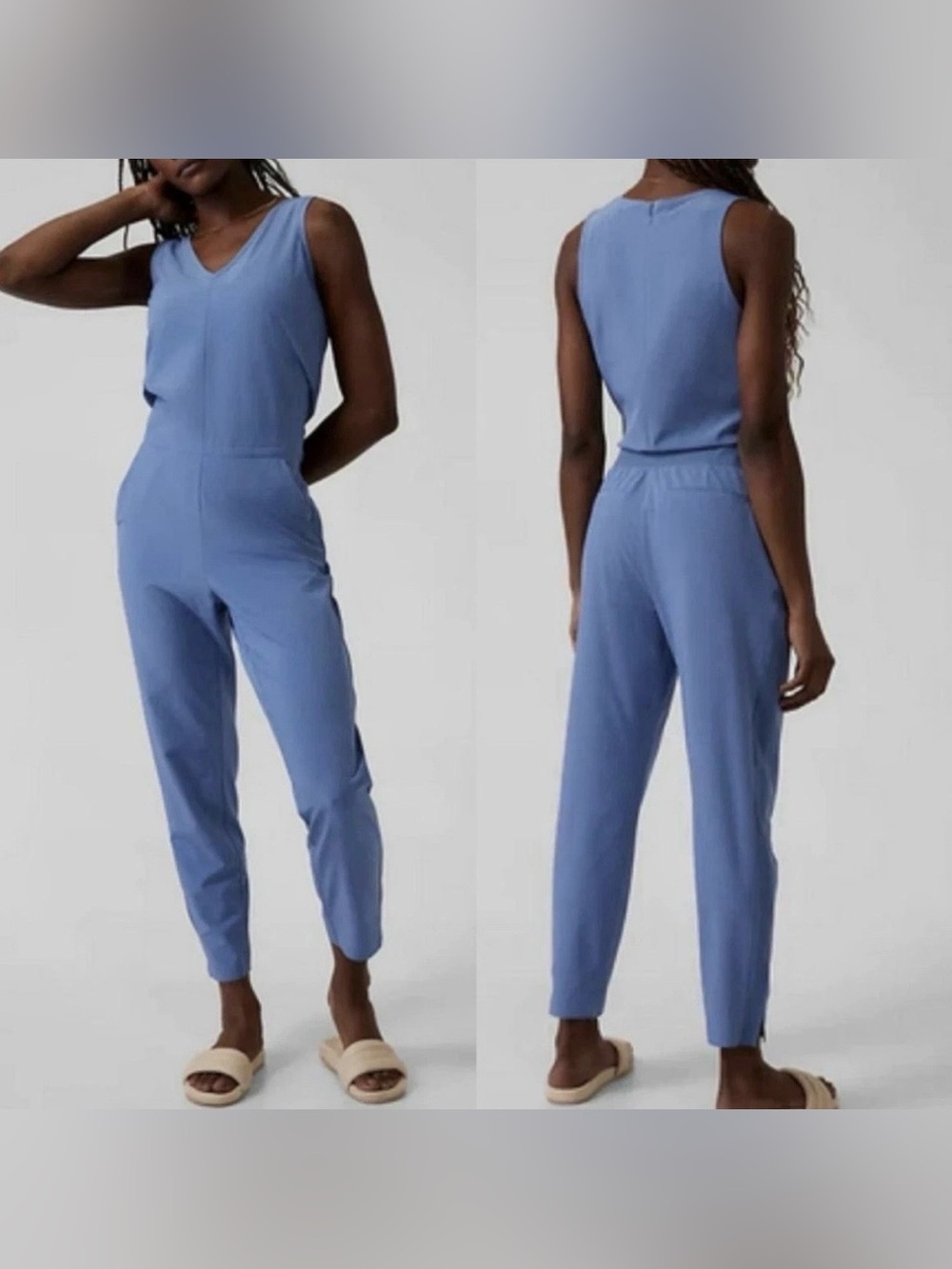 NWT Athleta Brooklyn Jumpsuit Size 10 Tall Blue V-Neck Featherweight Stretch